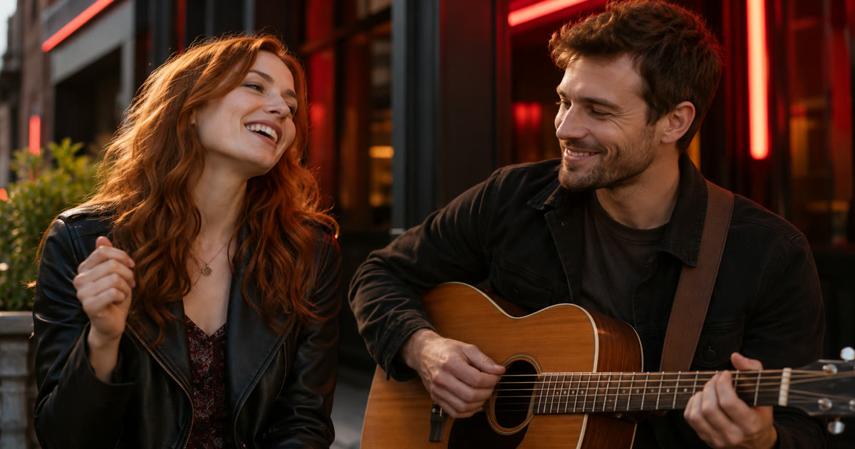 Woman enjoying music beside a man playing guitar outside a red-lit venue