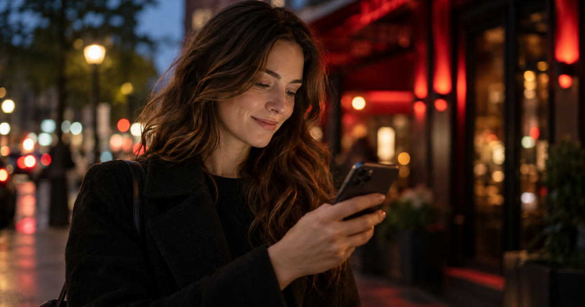Woman checking her phone outside a red-lit venue at dusk