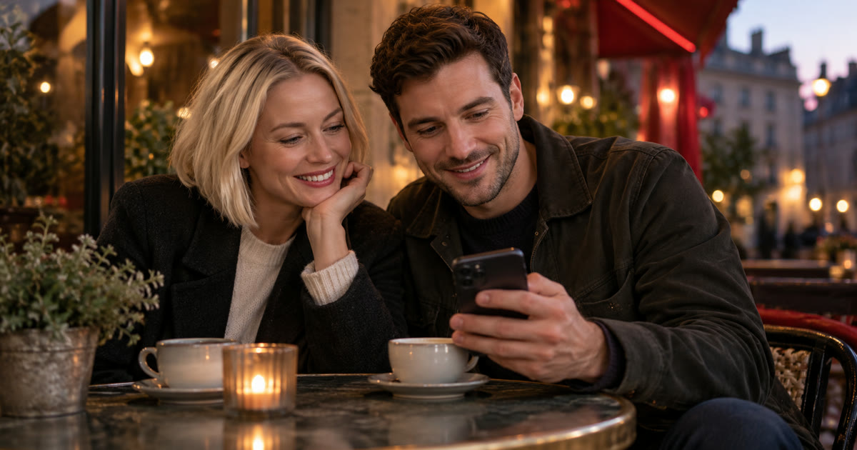 Two adults looking at a phone together at an outdoor café