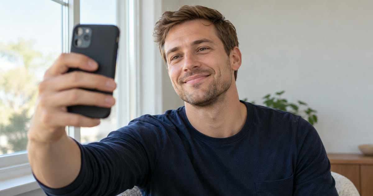 Man taking a front-facing phone selfie beside a bright window