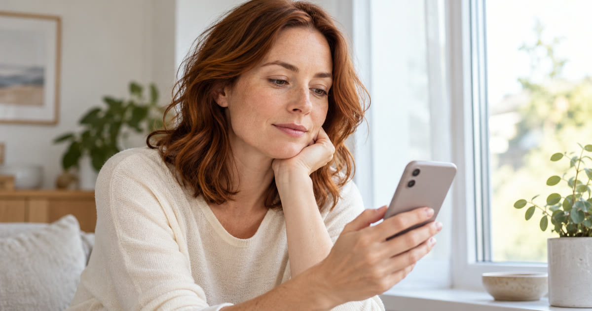 Woman reviewing her phone beside a window