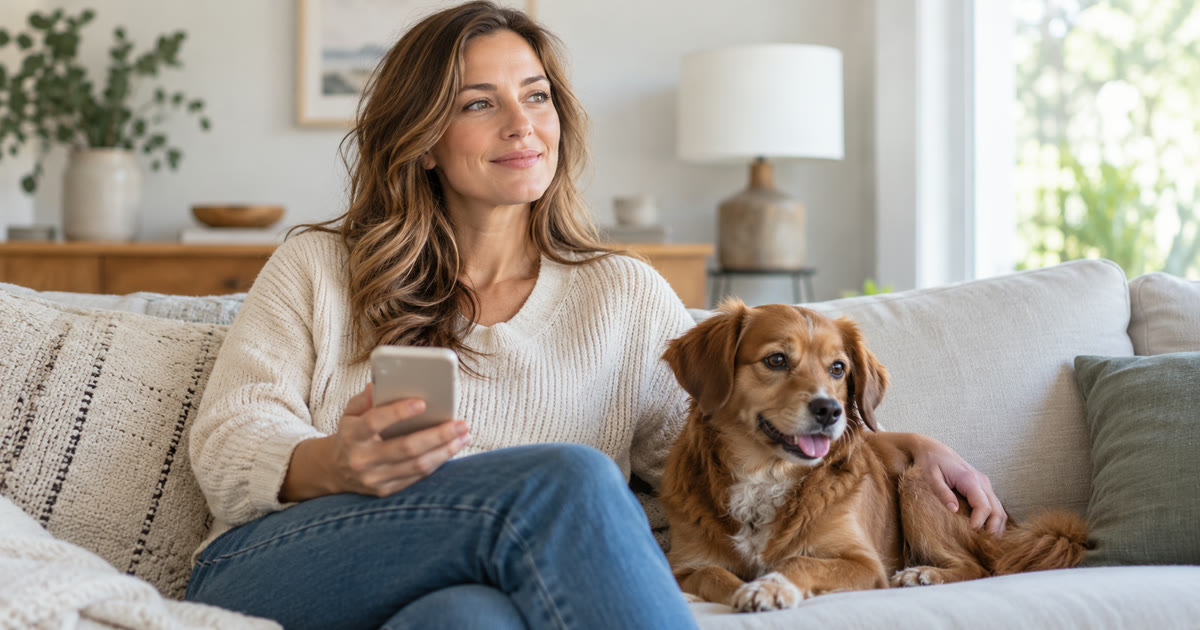 Woman holding a phone while sitting beside a dog on a sofa