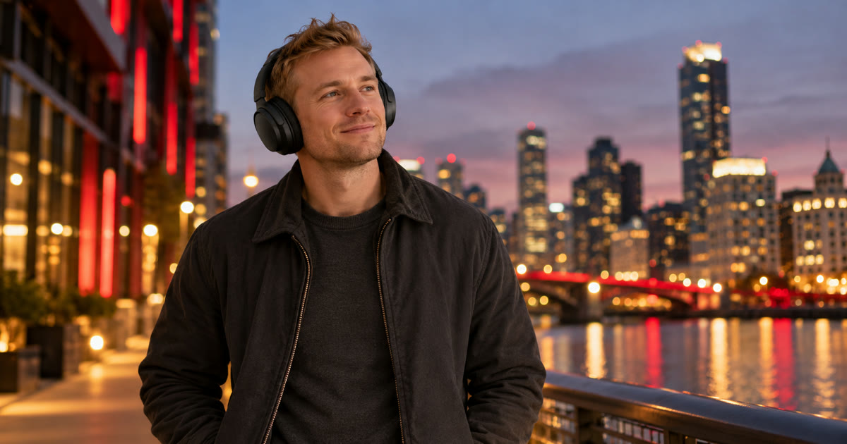 Man wearing headphones beside a waterfront at dusk